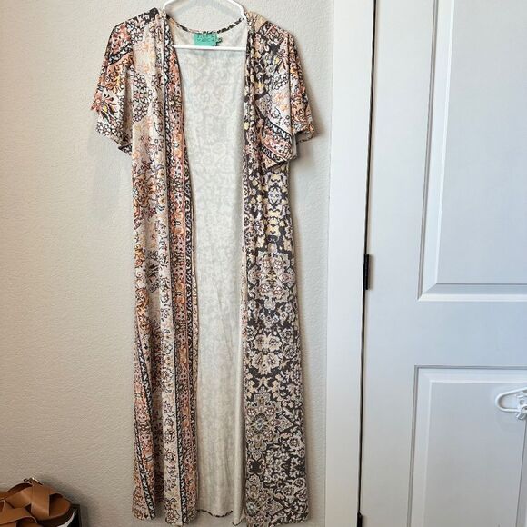 Judith March Pastel & Navy Soft Maxi Length Short Sleeve Kimono - Size M - EUC - Picture 1 of 8